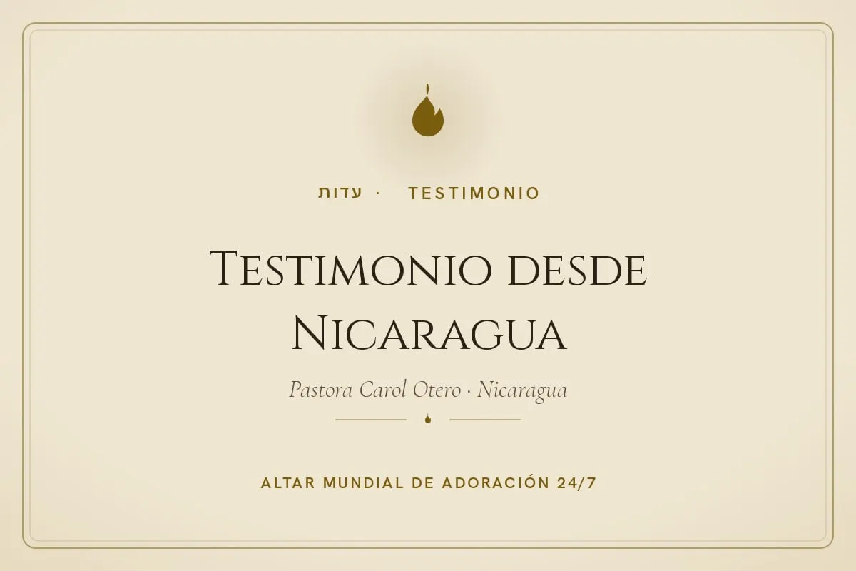Tarjeta del Altar Mundial con la llama del altar y el título «Testimonio desde Nicaragua» (Pastora Carol Otero)